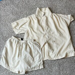 Cream Textured Shirt and Shorts Set